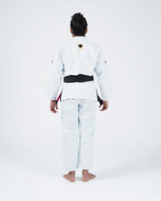 Kingz Legends Never Die Respect Women's Gi - White - Full Body Back View Female Athlete Black Crown Badge Upper Back Black Belt White Gi BJJ Training [color:White]