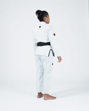 Kingz Legends Never Die Respect Women's Gi - White - Back View Female Athlete Black Belt Gold Crown Badge Shoulders Back Waist White Fabric BJJ Gi Training Grappling [color:White]