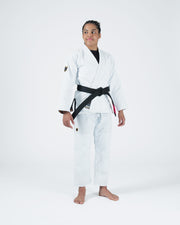Kingz Legends Never Die Respect Women's Gi - White - Full Body Front View Female Athlete Black Belt Crown Badge Sleeve White Gi BJJ Training [color:White]