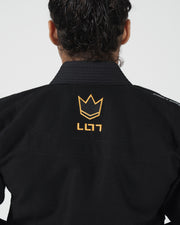 Kingz Legends Never Die Respect Women's Gi - Black - Back View Close-Up Orange Crown Logo Textured Fabric BJJ Gi [color:Black]