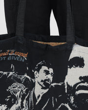 Kingz Legends Never Die Respect Women's Gi - Black - Close-Up Detail View Graphic Design Black White Portrait Textured Fabric BJJ Gi [color:Black]